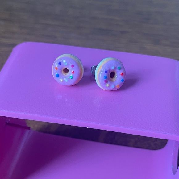 Pink Sprinkle Donut Stud Earrings Handmade ChellePastel Dopamine Jewelry EUC - Picture 10 of 12